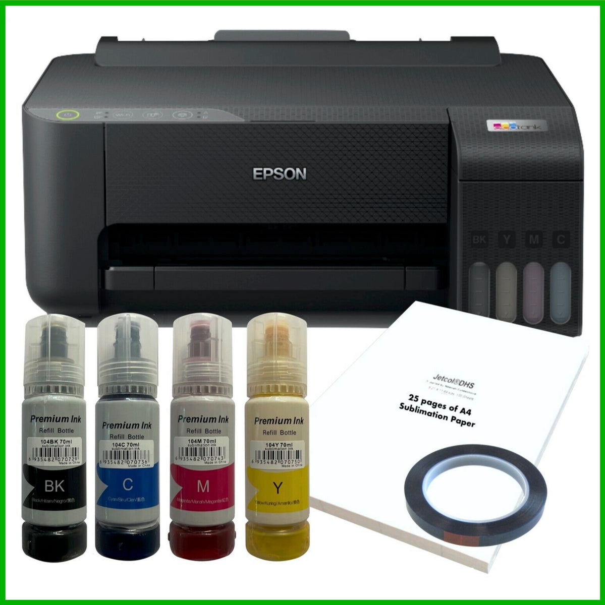 Sublimation Bundle: Epson EcoTank ET-1810 Printer + 4 x Inks + A4 Pape –