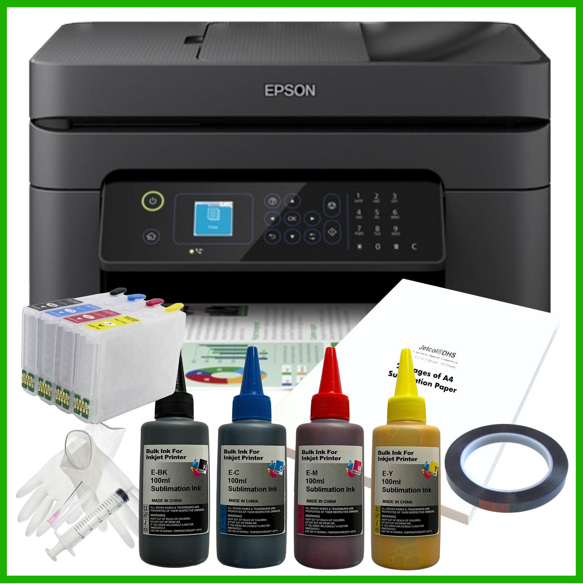Sublimation Bundle: Epson WorkForce WF-2930 Printer + Ink + Cartridges –